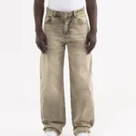 Washed Effect Khaki Baggy Denim Pants